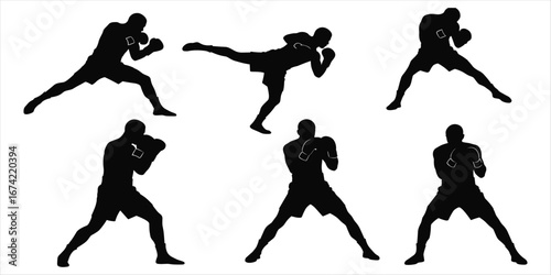 Six Black Silhouettes of Boxers in Various Poses on White Background boxing fighter