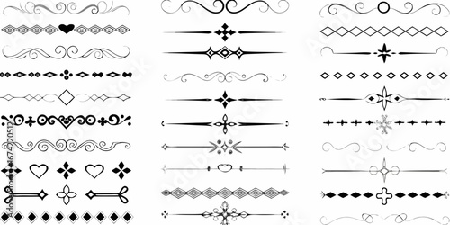 Collection of elegant decorative line dividers and ornaments with hearts and geometric shapes