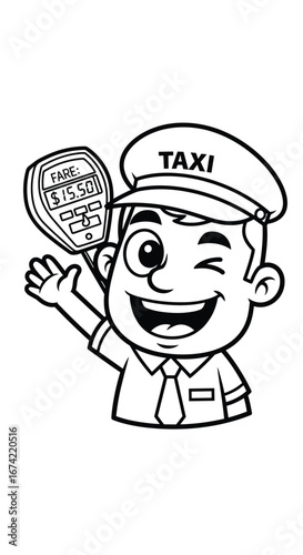 Cartoon taxi driver winks, shows fare. Transportation, service, funny, humor, profession, character, job, happiness, fare, taxi, cab, driver, travel