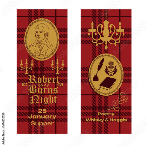 Robert Burns Night 25th January, United Kingdom Scotland background banner vintage invitation illustration on red