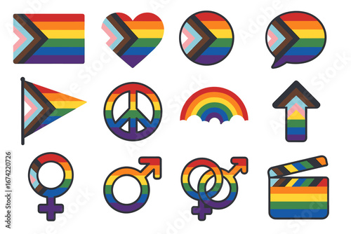 Diverse pride flag icons in various shapes and symbols