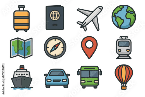 Travel icons: luggage, passport, airplane, globe, map, compass, location, train, ship, car, bus, hot air balloon