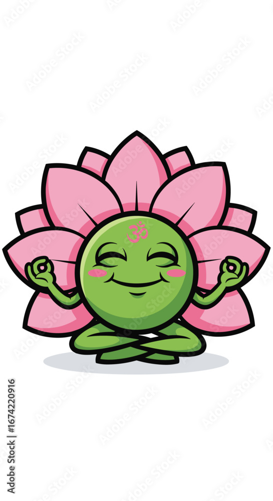 Fototapeta premium Cartoon lotus flower character meditating with Om symbol. Yoga, wellness, spirituality, mindfulness, zen, peacefulness