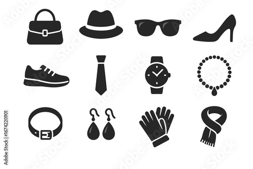 Fashion accessories icons: shoes, hats, watches, bags, jewelry, ties, and more