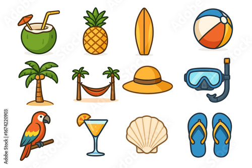Summer vacation icons: coconut, pineapple, surfboard, beach ball, palm trees, hammock, hat, snorkel, parrot, cocktail, shell, flip-flops