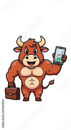 Cartoon bull presents stock market growth on phone. Investment, finance, trading, mascot, business, success