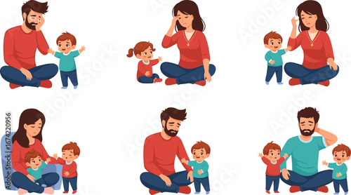 Sad parents and toddlers illustration, parenting stress concept, overwhelmed mom and dad, emotional burnout, mental health awareness, family care challenge