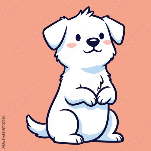 A cute, fluffy white puppy with pink cheeks sits attentively on a peach background.
