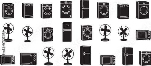 Silhouette icons of Household and appliances featuring washing machines, refrigerators, fans, and microwaves