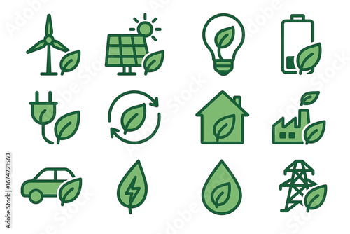 Green energy icons: wind, solar, recycling, and sustainable solutions