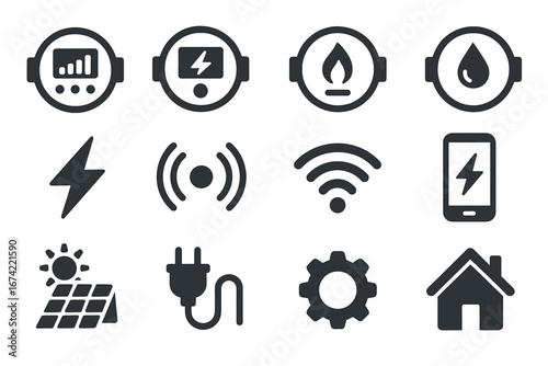 Smart energy and utility icons: metering, solar power, wifi, and sustainability symbols