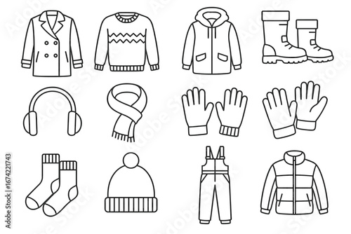 Outline icons of winter clothing and accessories for cold weather