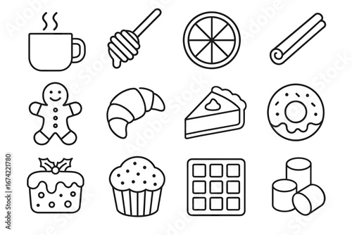 Outline icons of coffee, honey, bakery items, and sweets on white background