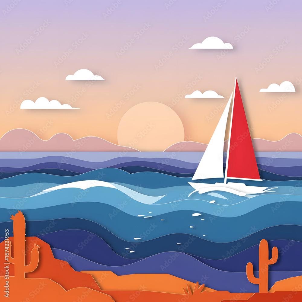 Naklejka premium Sailboat at Sunset: Desert Landscape, Paper Art Style with Waves, Cactus, and Warm Tones for Creative Projects and Designs - Serene and Evocative Visual