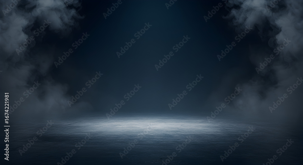 Fototapeta premium Eerie dark blue stage background with smoke effect for product presentation use