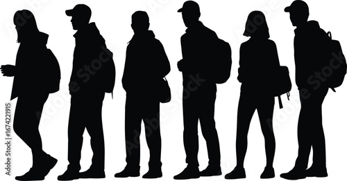 Silhouette of students or travelers standing in line, backpacks on, side view, black and white, outdoor waiting, isolated background