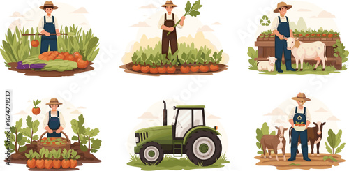 Set of farmers harvesting vegetables, using tractors, raising animals – modern agriculture, organic farming, rural lifestyle in cartoon vector.