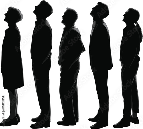 Art & IllustrationSilhouette of people standing in a row, diverse group of men and women looking up, isolated on white background, illustration