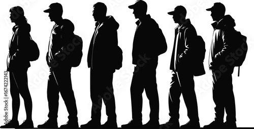 Silhouette of students or travelers standing in line, backpacks on, side view, black and white, outdoor waiting, isolated background