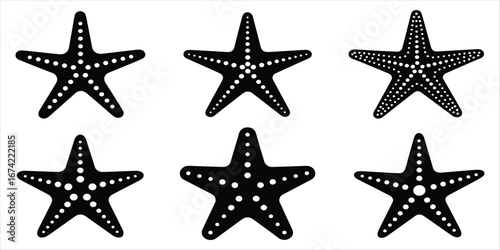 Six Black Starfish Silhouettes with White Dots on White Background sea star marine life