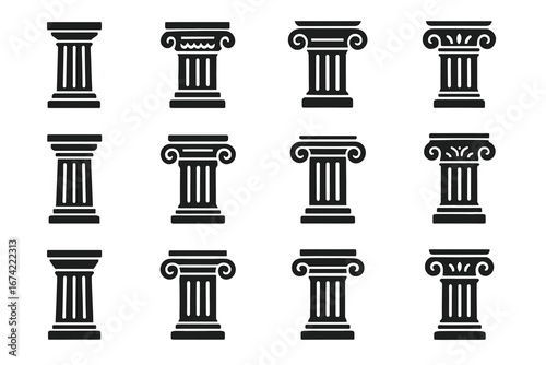 Classical architectural column icons: doric, ionic, corinthian styles illustrated in black