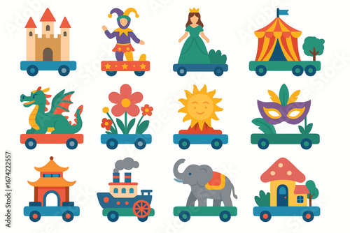Colorful parade floats with fantasy characters and festive themes