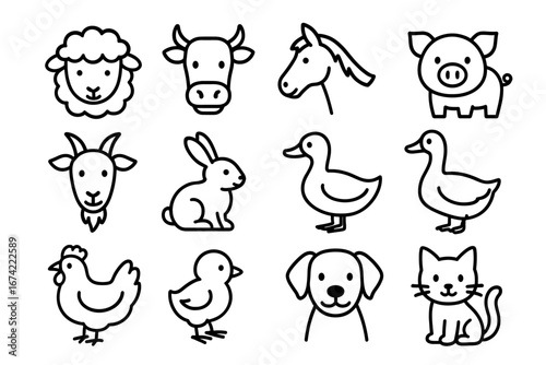 Outline illustrations of various farm animals including cow, sheep, horse, pig, and more
