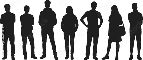 Silhouettes of diverse people in line, modern clothing style, dramatic lighting, black and white illustration, anonymity, urban concept, isolated background