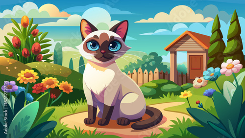 Cute siamese cat sitting in a sunny garden