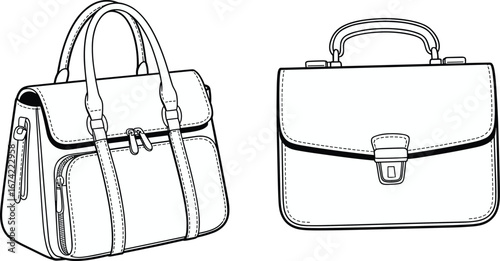 Vector illustration of two stylish handbags in black and white outline, ideal for fashion, design, branding, and accessory presentations.