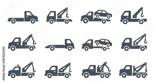 Set of tow truck icons: various designs for vehicle towing services