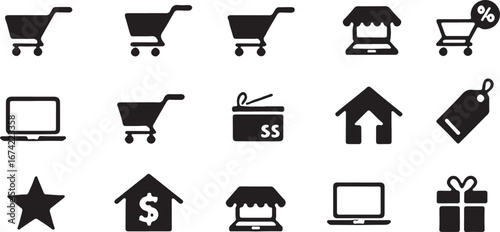 Silhouette icons of E-commerce operations with shopping carts, discount tags, delivery boxes, storefronts, and online payments