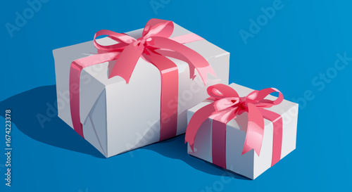 A set of two white gift boxes, one large and one small, are beautifully wrapped with pink satin ribbons. They are displayed together on a vibrant blue background, perfect for any special occasion