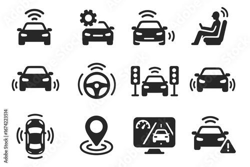 Autonomous car technology icons: gps, sensors, steering, traffic lights, safety alerts