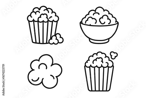 Popcorn icons vector set: classic snack in various styles