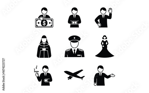 Black and white icon set of various professions