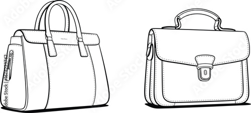 Vector illustration of two elegant handbags in black and white outline style, perfect for fashion, accessory, or design projects.