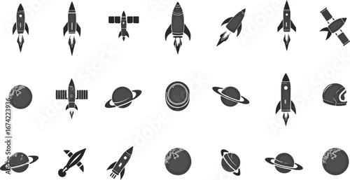 silhouette set of Space technology and exploration icons featuring satellites, rockets, planets, and telescopes, sharp futuristic vector design