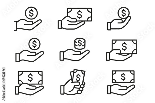 Set of nine money icons: hand holding cash and coins in minimalist style