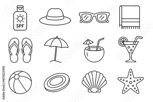Summer beach icons collection: hat, sunglasses, umbrella, drink, seashell, starfish