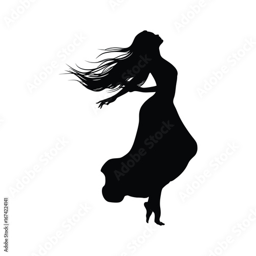 Silhouette of a woman with long flowing hair and dress standing with arms outstretched and head tilted back