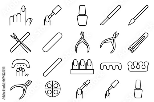 Outline icons of nail care tools including clippers, files, and polish bottles