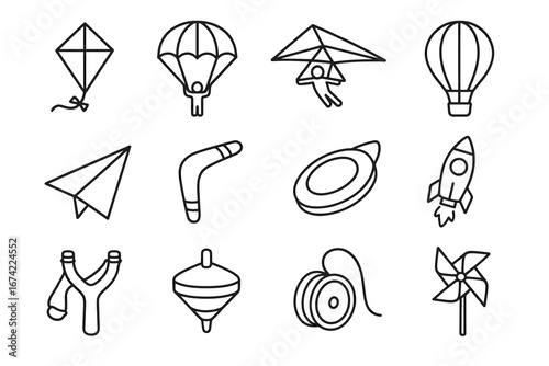 Set of toy icons: kite, parachute, hang glider, hot air balloon, and more