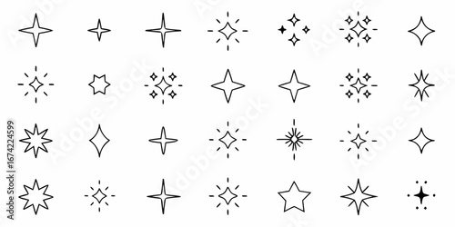 Collection of hand drawn starburst and sparkle icons in various styles and sizes on a white background