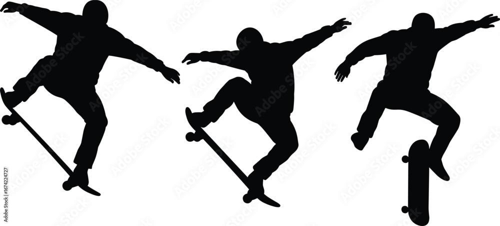 Fototapeta premium Three dynamic silhouettes of a skateboarder performing tricks on a white background skateboarding jump
