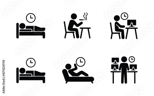 Daily routine icons representing activity and time icon set