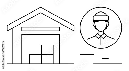 Warehouse structure containing stacked boxes paired with a workers profile in a circular frame. Ideal for supply chain, logistics, delivery, storage management, warehouse operations, retail