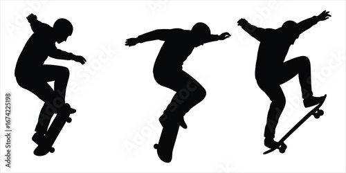 Three dynamic silhouettes of a skateboarder performing tricks on a white background skateboarding jump