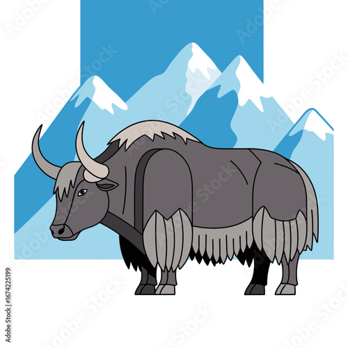 A shaggy yak stands before snowy mountains under a blue sky.