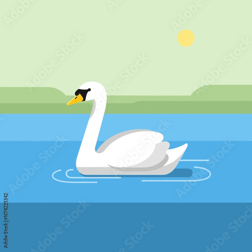 White swan swimming on blue water with sun in sky